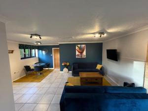 a living room with a blue couch and a table at Little Edgewood in Norwich