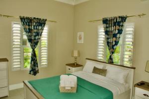 a bedroom with a bed and two windows at Paradise in Edgehill, Jamaica! in St Mary