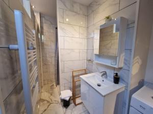 a white bathroom with a sink and a shower at Elégance Provinoise aux pieds des remparts Classé in Provins