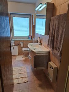 a bathroom with a sink and a toilet and a mirror at Haus Nina near Willingen and Winterberg in Olsberg +45 photos