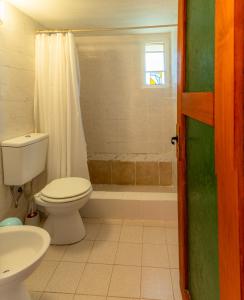 a bathroom with a toilet and a shower and a sink at Casa al Río in El Chalten