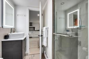 a bathroom with a shower and a sink and a mirror at Classic King Size Guest Suite with AC in Burnaby +7 photos