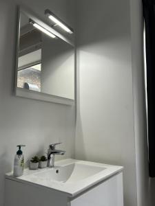 a bathroom with a sink and a mirror at Budget room w kitchen, Station close, Wifi Access in Tilburg +43 photos