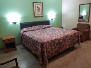 a hotel room with a bed and a chair at Budget Inn Edinburg in Edinburg