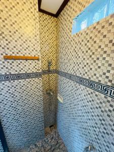 a bathroom with a shower with blue and white tiles at Surya Ubud View and Suites by EPS in Ubud