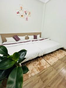 a bed in a room with a plant next to it at Nhím Hotel MC - by BAY LUXURY in Mộc Châu