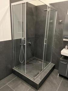 a shower with a glass enclosure in a bathroom at Best-Budged24 in Offenburg