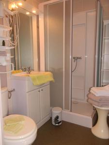 y baño con ducha, aseo y lavamanos. en Résidence Hôtelière Hélios, en Jonzac