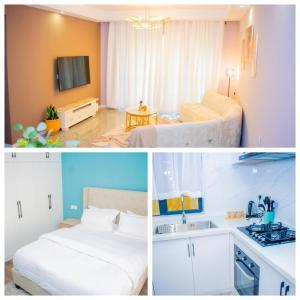 two pictures of a hotel room with a bed and a bathroom at Modern luxury one bedroom furnished apartment in kilimani in Nairobi