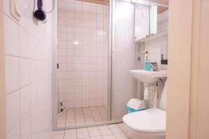 une salle de bains avec douche, toilettes et lavabo dans l'établissement Kotimaailma Villa Hortus - Homely Studio for 2, à Turku