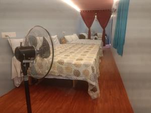 a room with a fan next to a bed at Peaceful Abode in Auroville +3 photos