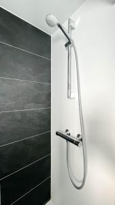a shower with a shower head in a bathroom at Golfzicht by Droomvilla in Uitgeest