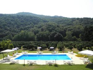 una gran piscina con sillas y sombrillas en il casale delle arance, en Pizzo