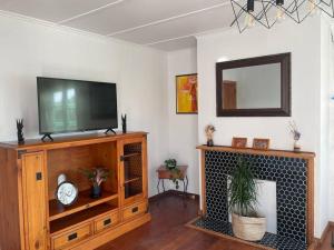 a living room with a television on a wooden entertainment center at Watts, A Cosy Escape in Hamilton
