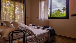a bedroom with a bed and a large window at Les 3 sables, COCO in L'Étang-Salé les Bains