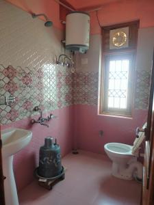 a bathroom with a sink and a toilet and a window at New Summer Capital in Shimla
