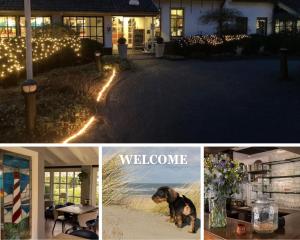 een collage van foto's met een hond die voor een huis zit bij Hotel De Torenhoeve in Burgh Haamstede