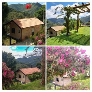 four different pictures of a house and flowers at Sonho na Serra Chalé 2 in Gonçalves