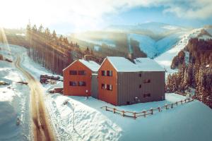 迪马诺卡多林纳Penzión a Reštaurácia Twin Jasná的雪中建筑物的空中景观