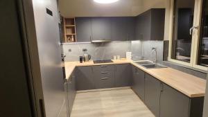 a kitchen with gray cabinets and a sink at Patras Aura - Old Town in Patra