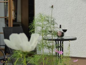 une table avec une bouteille de vin et une fleur blanche dans l'établissement Ruhige, charmante Ferienwohnung "Im Erftal", à Eichenbühl