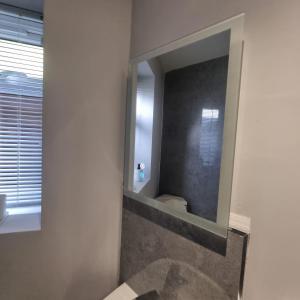 a bathroom with a mirror and a toilet in it at A luxury 2 bed flat in Romford in Romford