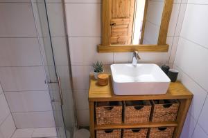un bagno con lavandino e doccia di Hiška Brajda a Rogaška Slatina