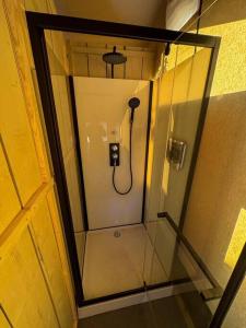 a shower in a bathroom with a glass door at Desert Glamping Getaway Near Moab Arches in Moab