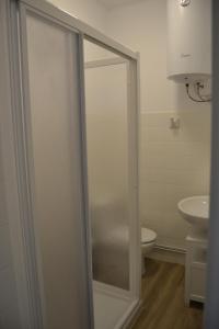 a shower in a bathroom with a toilet and a sink at Yellowstone Ático luminoso y acogedor in Ferrol +6 photos