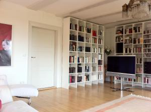 un soggiorno con TV e libreria di Nickhof B&B Resort a Inzigkofen