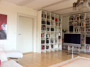 a living room with a television and book shelves at Nickhof B&B Resort in Inzigkofen