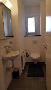 a bathroom with a sink and a toilet and a window at Ferienhaus Krone in Schliengen