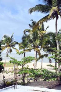 Un grupo de palmeras en una playa con el océano. en Shoreline Marari Beach Villa at Golden Beach Mararikulam, en Mararikulam