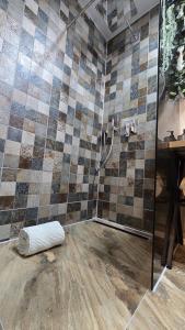 a bathroom with a shower with a glass door at For You Apartments Silence in Sibiu