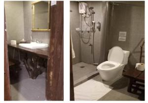 Dos imágenes de un baño con inodoro y lavabo. en Banahaw Circle Nature Retreat, en Pinagdanglayan