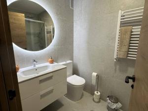 un bagno con lavandino, WC e specchio di Feria Home ad Albacete