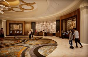 a lobby with people walking around a large rug at Caesars Virginia in Danville