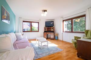 a living room with a couch and a tv at Charmante Wohnung -Altes Kino- 2SZ-2Bad-Terrasse-Netflix in Baden-Baden