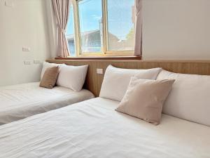 two beds with pillows in a room with a window at 過家家民宿GoHouse花蓮市包棟寵物友善 in Hualien City +10 photos