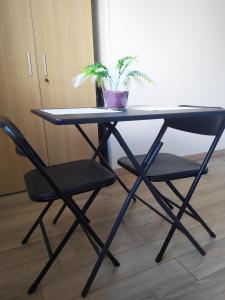 a black table with two chairs and a plant at Petit Nid Urbain Proche RER, 25min Paris Centre Chambre privée et SDB privée indépendante in Stains +5 photos