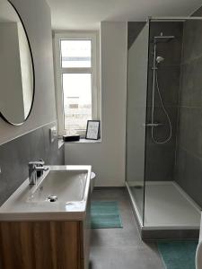 a bathroom with a sink and a shower at Modernes Apartment - Leipzig Alt-West in Leipzig