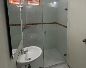 a bathroom with a glass shower and a sink at Zana Hotel Boutique in Bogotá