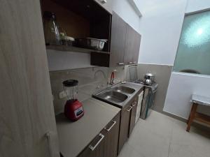 a small kitchen with a sink and a blender on the counter at Céntrico departamento en el Piso 1 in Tacna