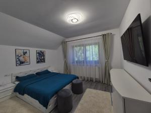 a bedroom with a blue bed and a window at Vila Yolo Valea Avrigului in Porumbacu de Sus