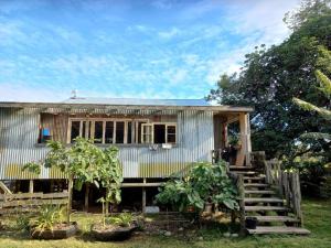 a small house with a porch and some plants at The Woolshed, Papa Aroha, Coromandel in Moturua Island