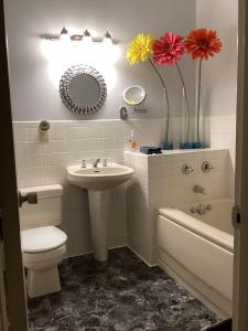 a bathroom with a sink and a toilet and a sink at Family friendly spacious with jacuzzi & fireplace! in Dubuque