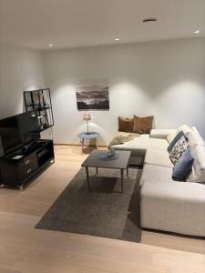 Una sala de estar con un sofá y un televisor. en Toppleilighet min 2 dager leie, en Alta