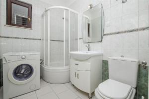 a bathroom with a toilet a sink and a washing machine at Apartment Zvone in Sumpetar