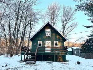 a small green house with a porch in the snow at Lakefront with Lots of Light and Private Dock Access in Ferndale