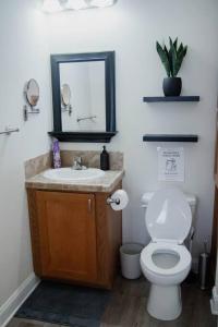 a bathroom with a toilet and a sink with a mirror at Beachside Bungalow in Navarre +10 photos